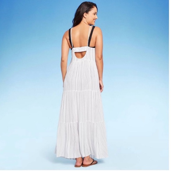Kona Sol Women’s Tiered Maxi Cover Up Dress | White and Navy Striped - Picture 2 of 7
